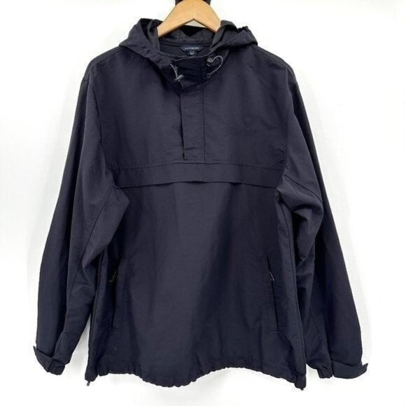 Lands End Navy Nylon Pullover Outdoor Anorak Hooded Large Windbreaker Jacket - Picture 1 of 8